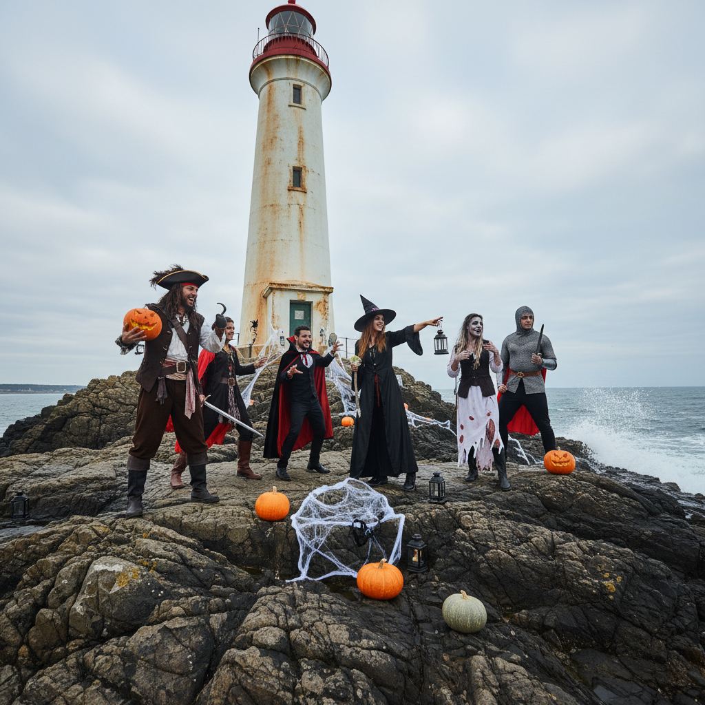 Friends group in Halloween costumes on lighthouse rocks
