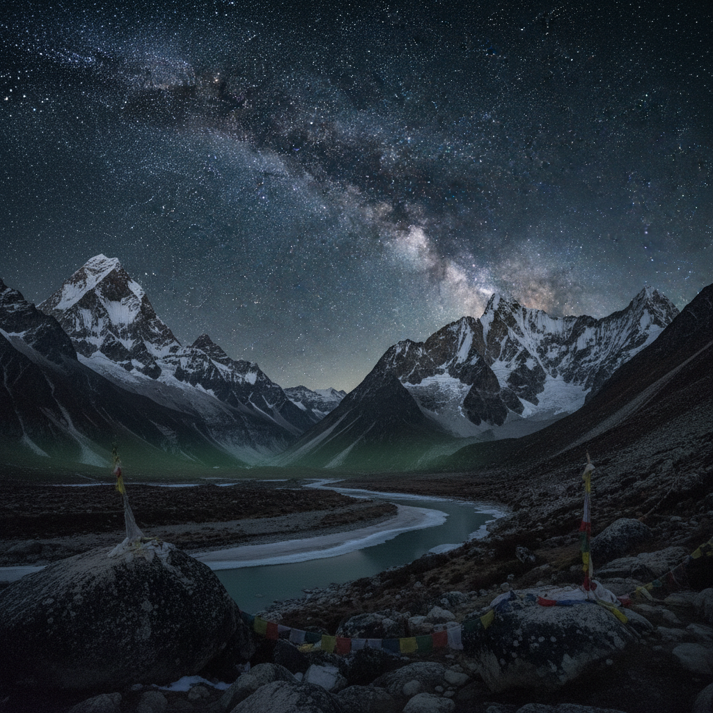 Dramatic Himalayan mountain peaks at night with stars, deep cosmic sky, sacred atmosphere, spiritual grandeur