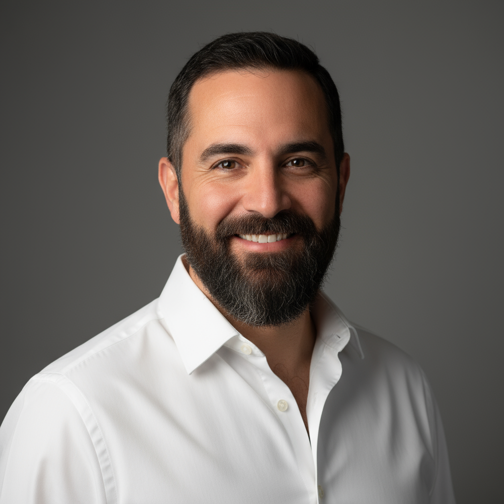 Homem hispânico de meia-idade com barba, usando camisa social azul, sorrindo em escritório moderno de tecnologia