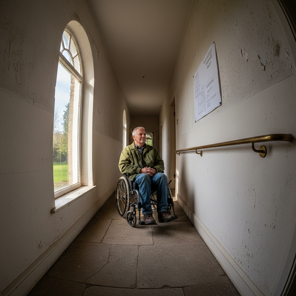 Veteran in wheelchair in a narrow hallway that needs adaptation