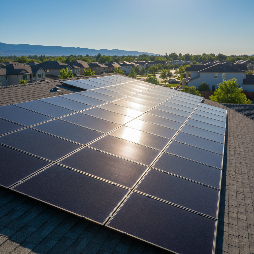Close-up of clean solar panel glass surface reflecting blue sky, showing clear transparent panels after professional cleaning