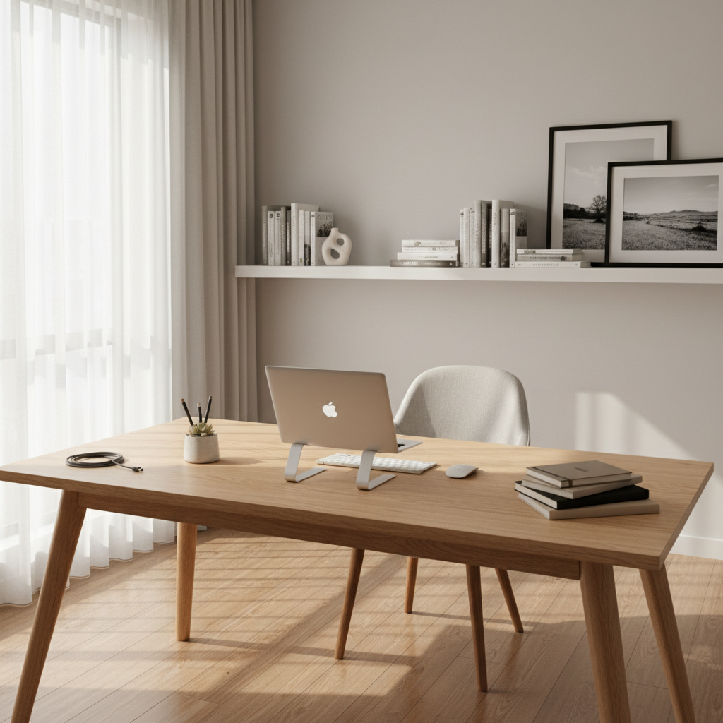 SEO keyword research on bright laptop screen, clean home office setup, natural lighting