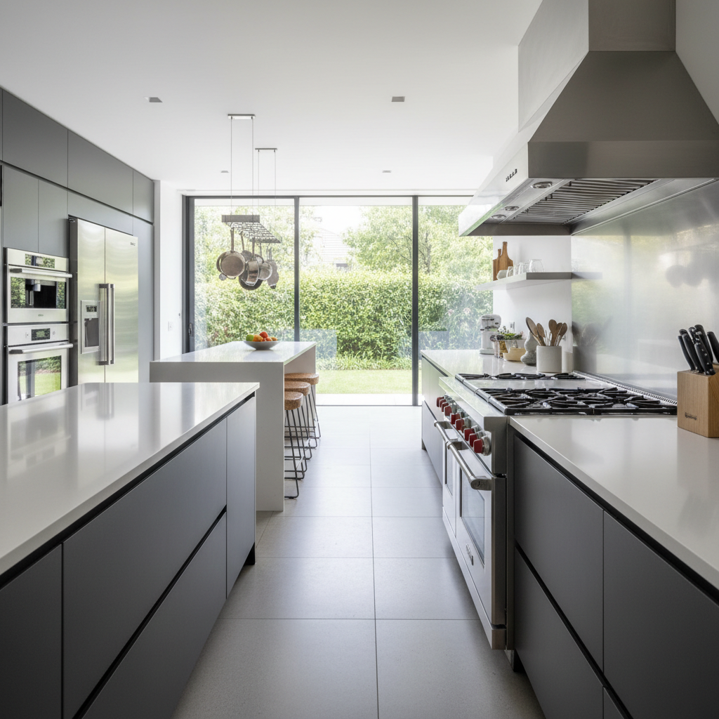 Modern residential home interior, bright natural light, white walls, warm wood floors, large floor-to-ceiling windows overlooking garden