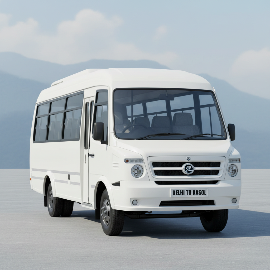 White minibus tempo traveller on Indian highway, group travel vehicle, sunny day, open road
