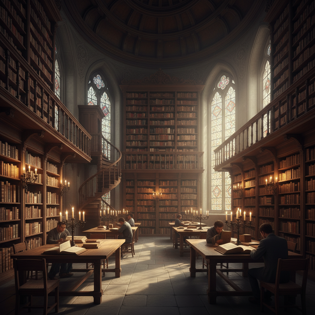 Library interior with tall bookshelves and warm reading lamp light, student reading at oak desk