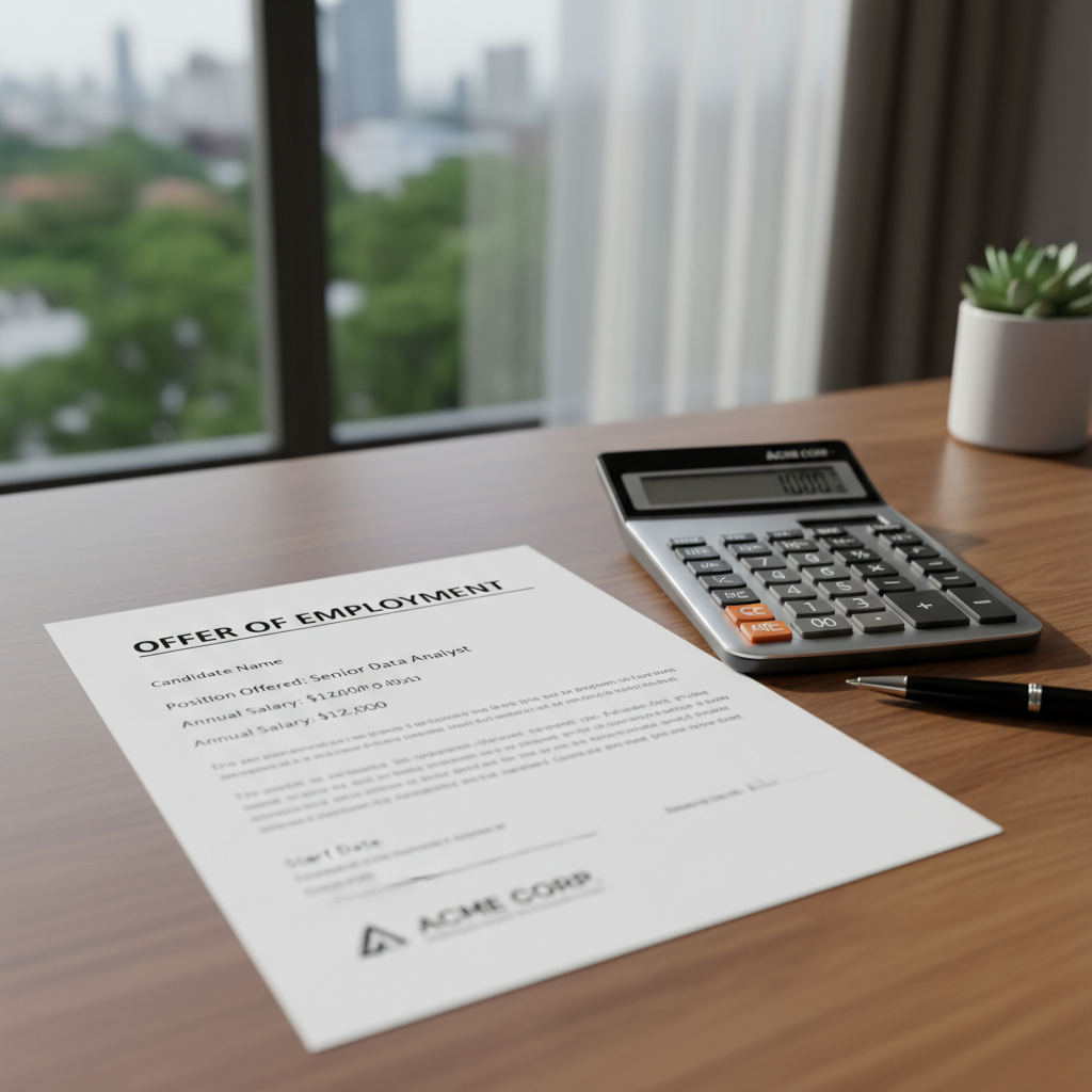 Desk with open offer letter and calculator for hiring managers
