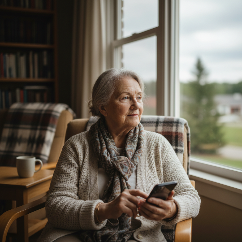 An elderly woman sitting alone at home, phone in hand, looking out the window