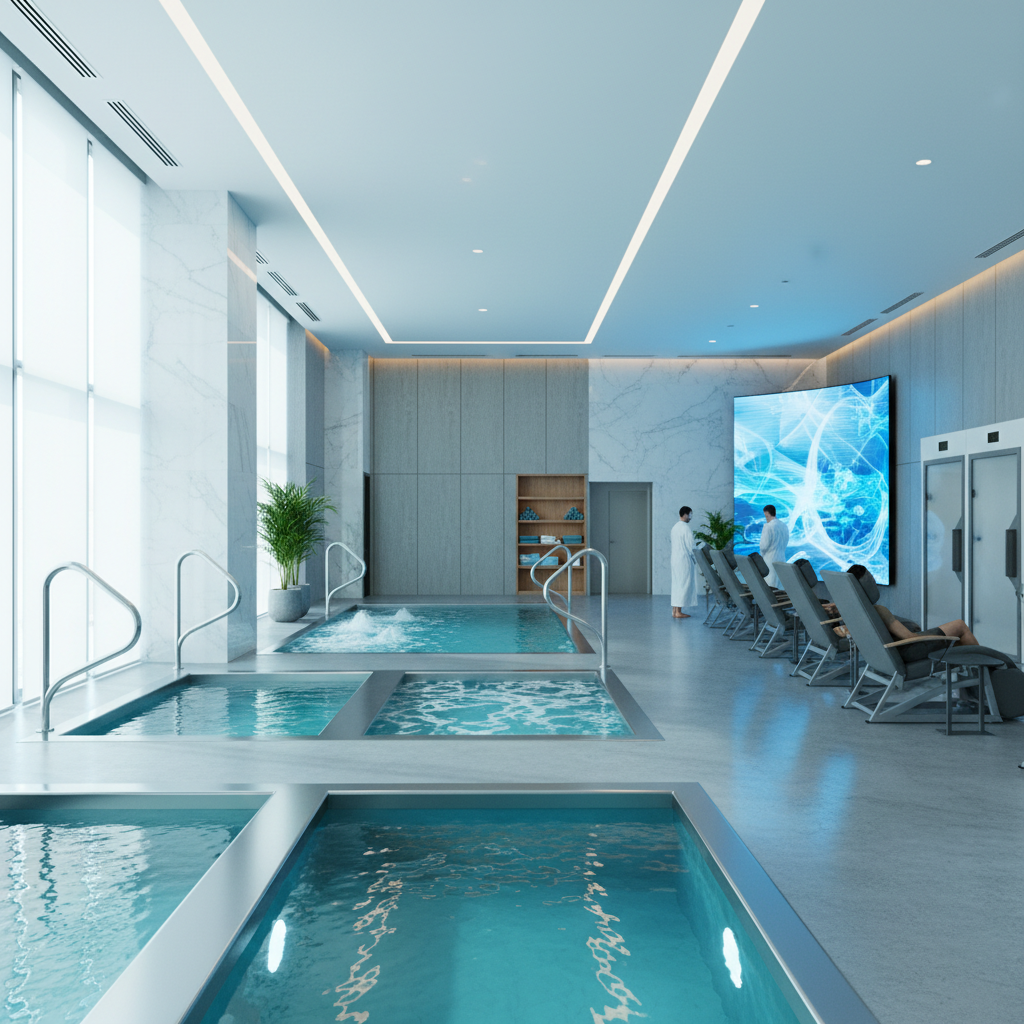 Modern recovery suite with cold plunge pools and hydrotherapy equipment