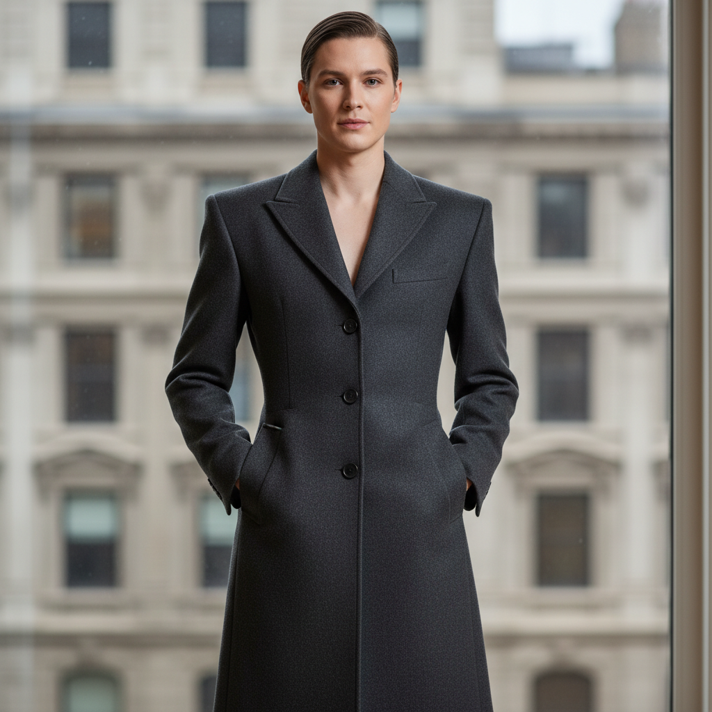 Designer tailored coat in charcoal, structured silhouette against light wall