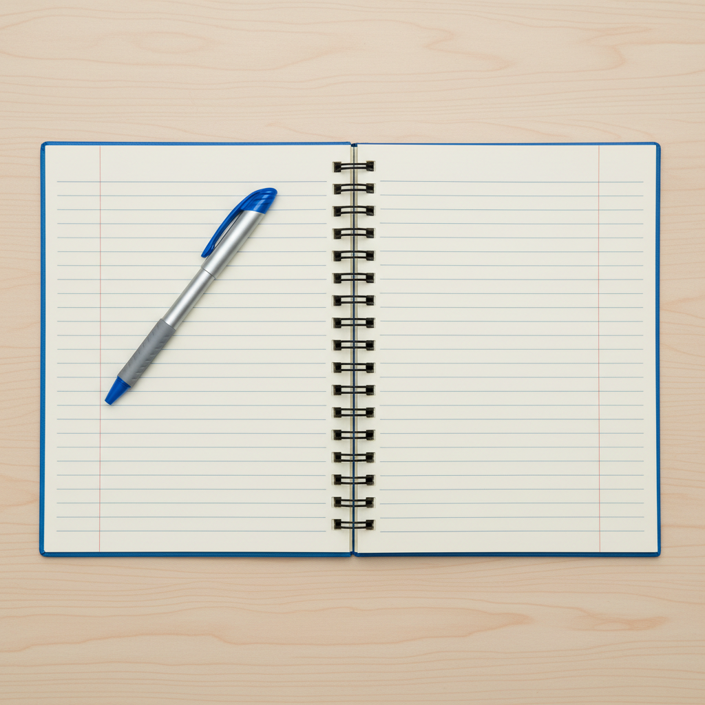 Generic ruled notebook with basic ballpoint pen on a plain desk