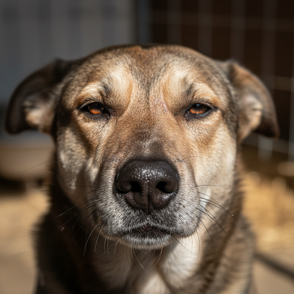 A scarred dog mid-blink caught in a shaft of kennel light, individual whiskers visible, wet reflection in one eye