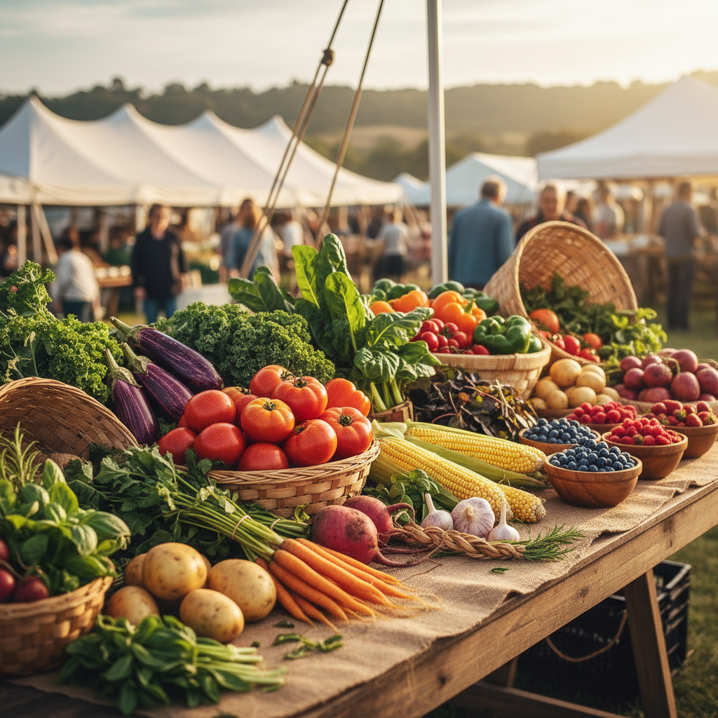 Fresh ingredients arranged on a farmers market table at golden hour