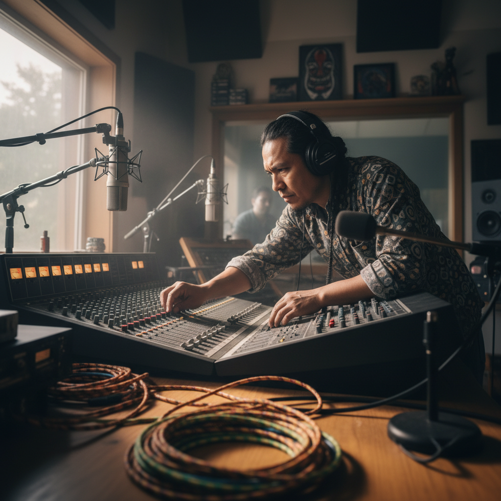Sound engineer adjusting levels during Indigenous language recording