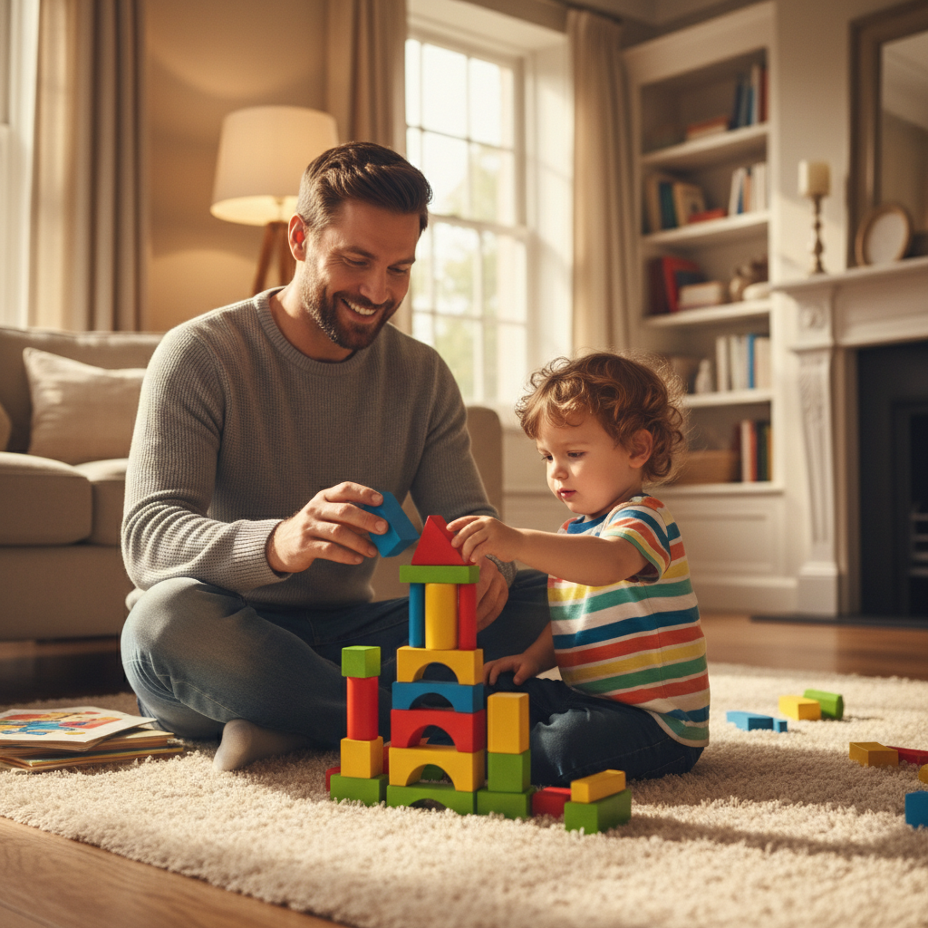 Lifestyle content showing father and child daily routine, warm home setting, natural light