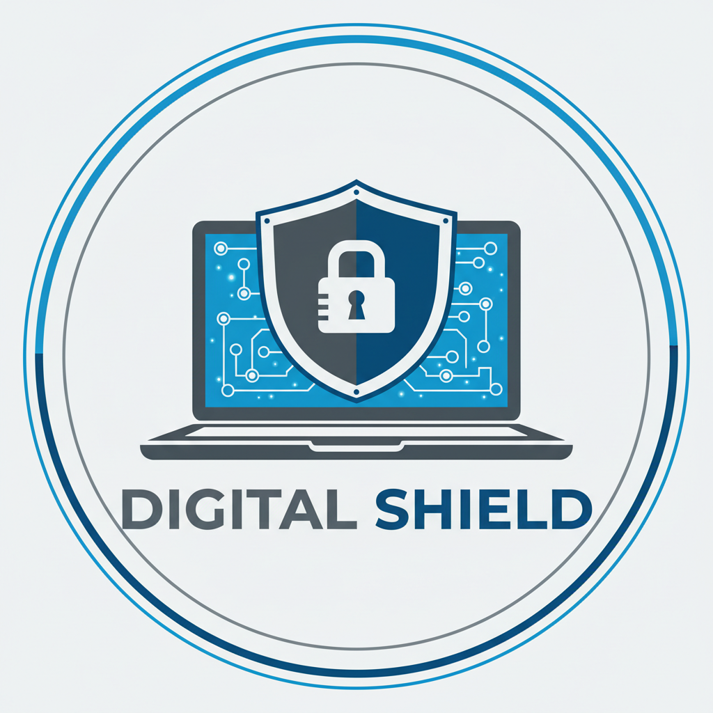 Computer security concept with shield and lock on laptop screen