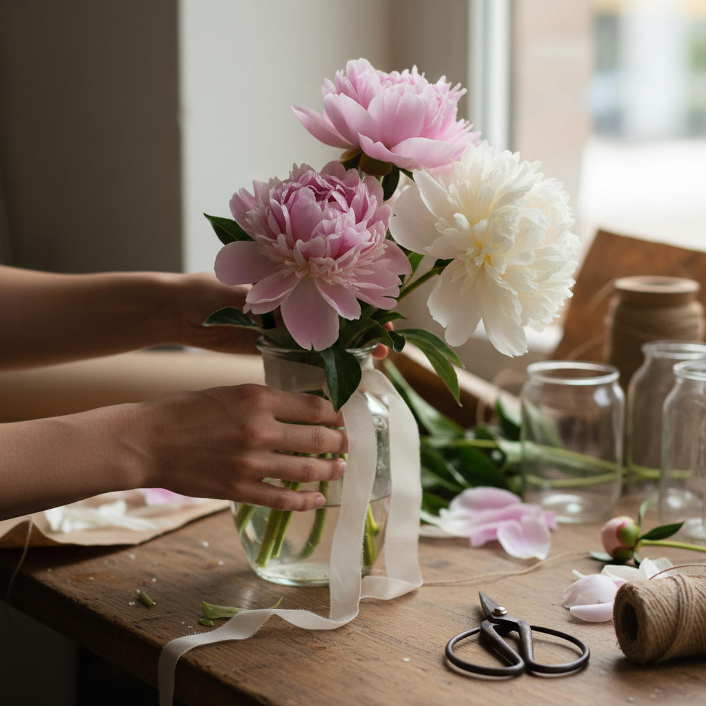 Florist carefully arranging blush pink roses and peonies on a wooden work table
