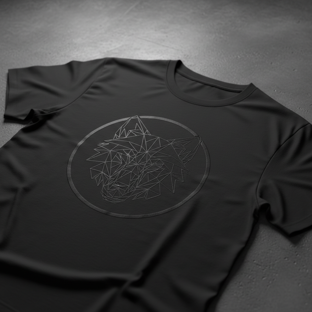 All-black tee on dark background, matte print barely visible at angle