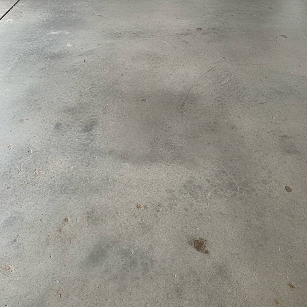Commercial parking lot concrete cleaning before and after showing removal of oil stains and tire marks