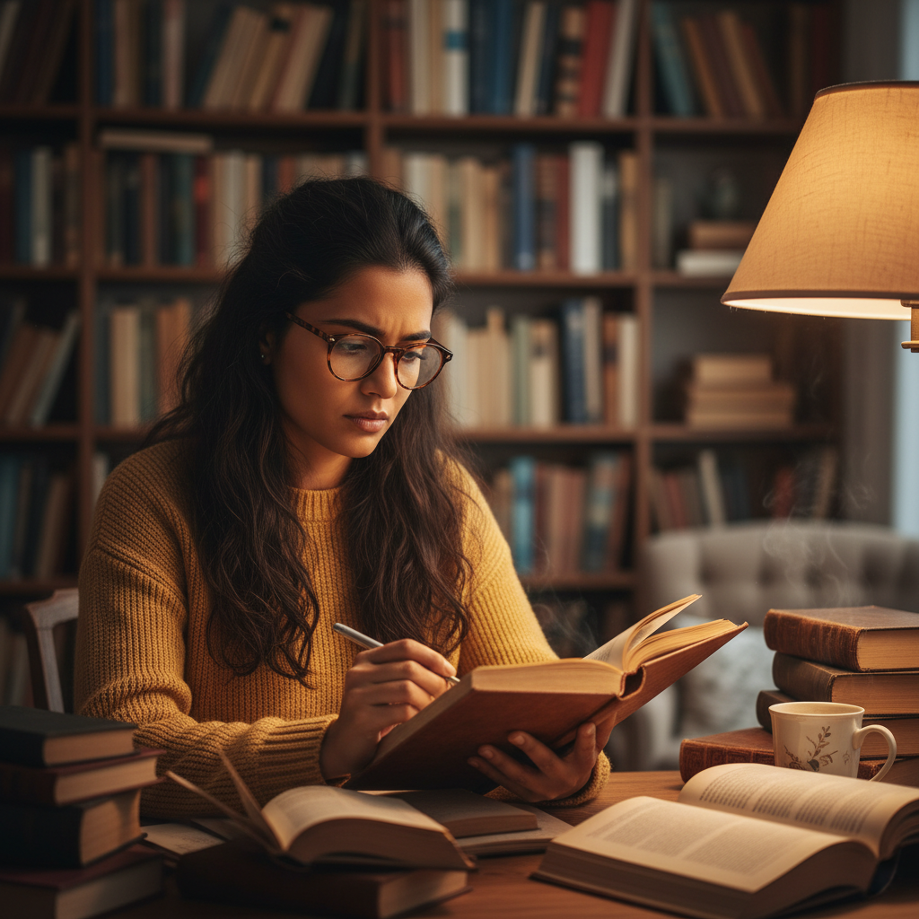 South Asian woman with glasses in an office surrounded by books and warm lamp light
