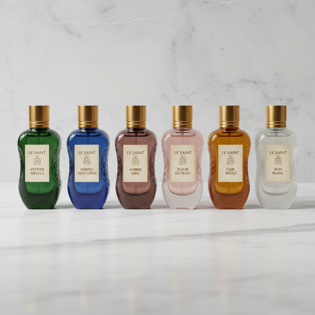 Six assorted fruit infused water bottles arranged in a row on a white marble surface
