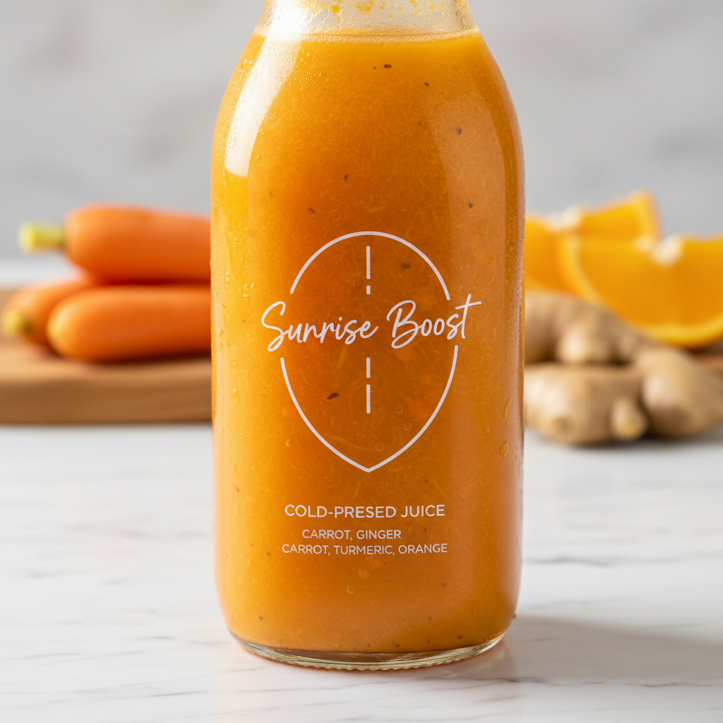 Fresh cold-pressed orange juice in glass bottle with orange slices on white background