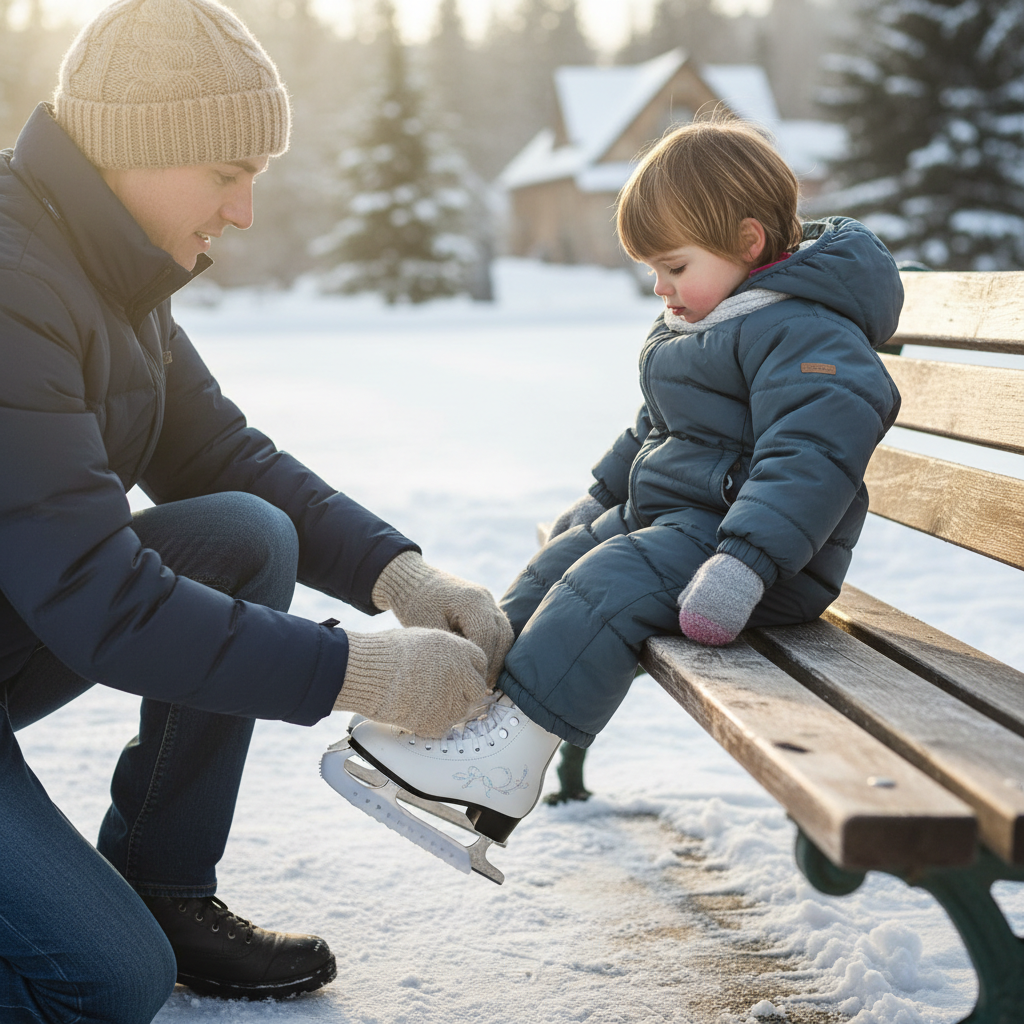 Parent kneeling on bench lacing up tiny ice skates for a small child
