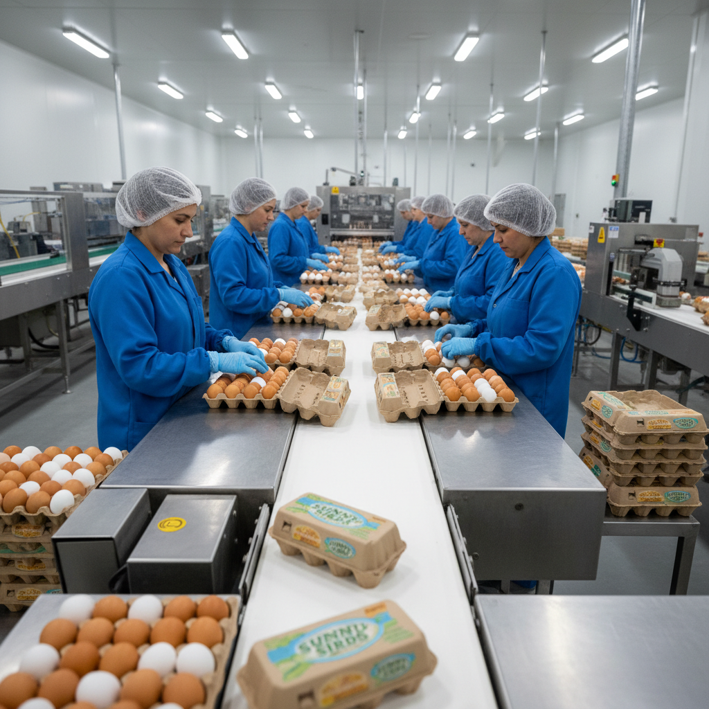 Active pack line shot from low dolly angle, shrink tunnels glowing in background, worker taping a master carton with pneumatic dispenser