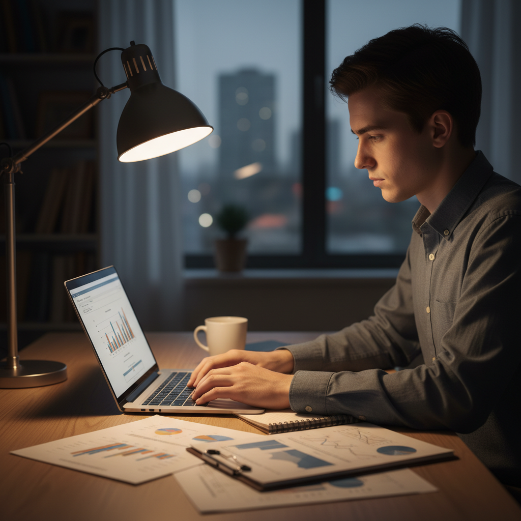 Young professional at desk with laptop and financial reports, face partially obscured by desk lamp shadow
