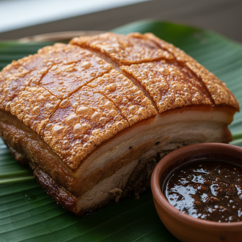 Golden crispy lechon belly on wooden board, bright airy setting, clean white background