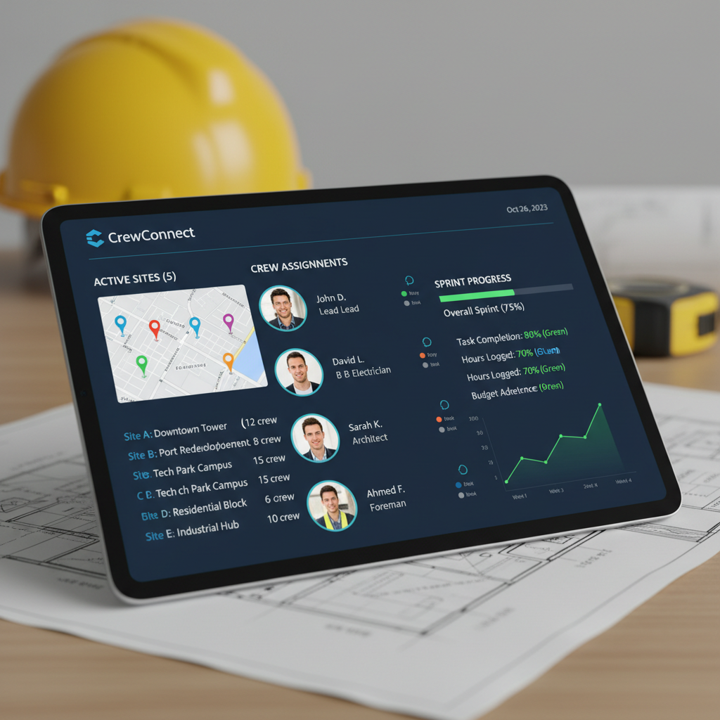 Crew app dashboard showing active sites, crew assignments, and sprint progress metrics