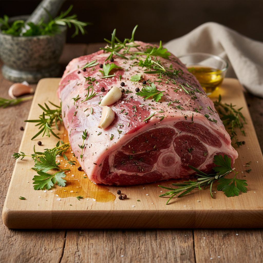 Fresh lamb with herbs on a clean wooden cutting board showing quality ingredients