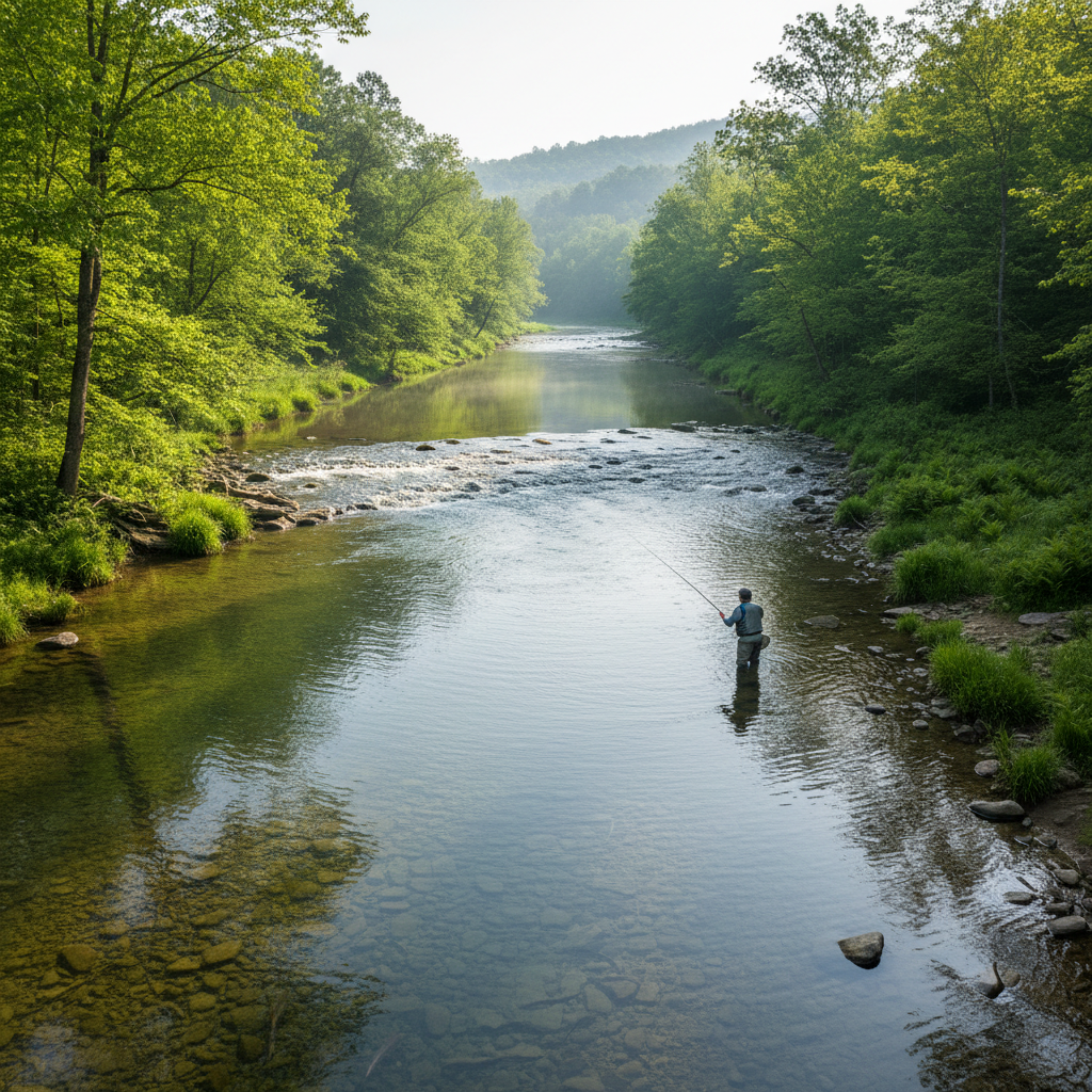 Little Red River in spring with green banks and clear water perfect for trout fishing