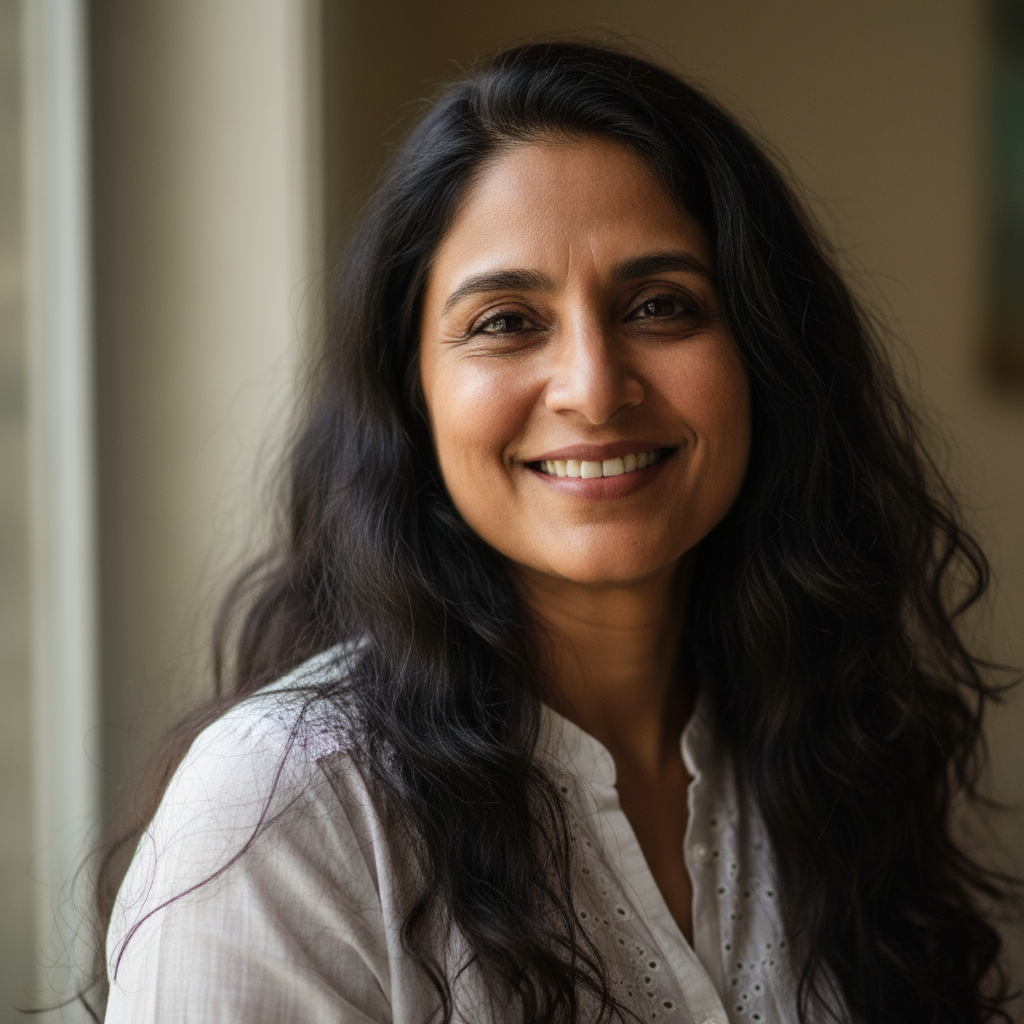 Middle-aged Indian woman smiling happily, warm natural light, friendly expression