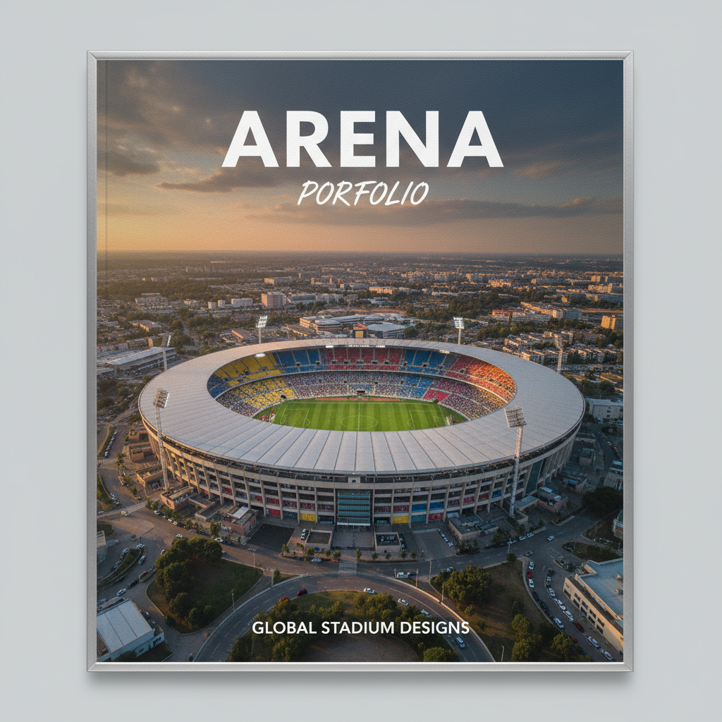 Arena Portfolio Book cover showing aerial stadium view