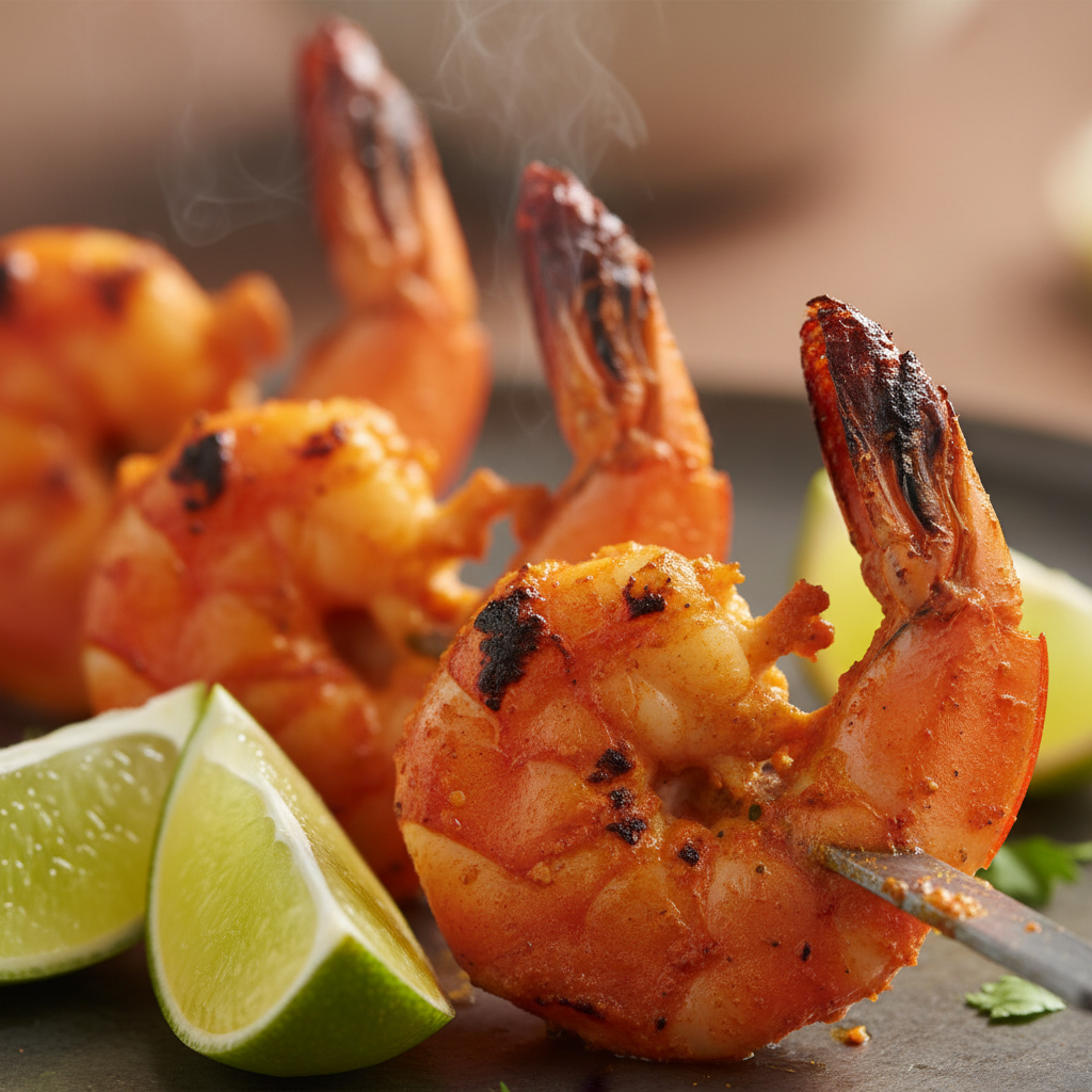 Tandoori king prawns with bright orange-red marinade on a skewer, char marks visible, garnished with lime