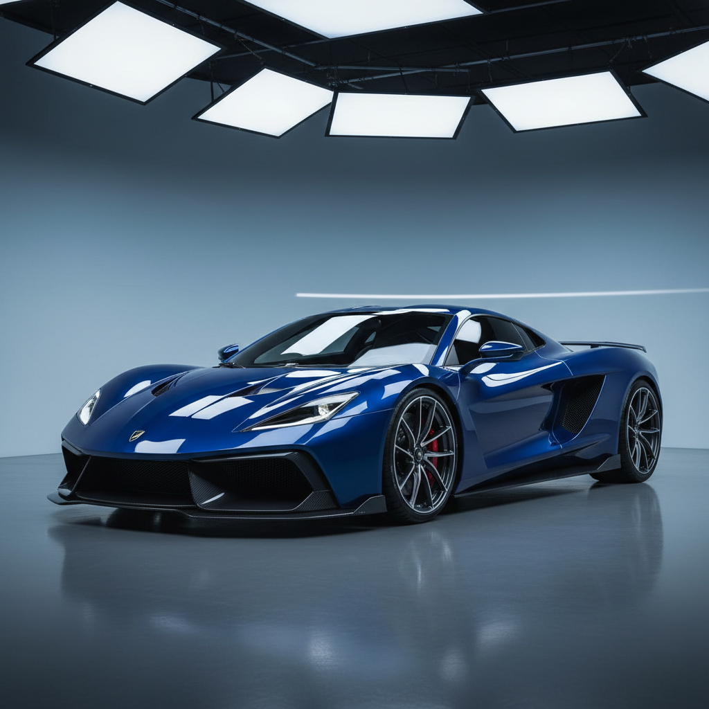 Exotic sports car with freshly corrected paint under studio lighting