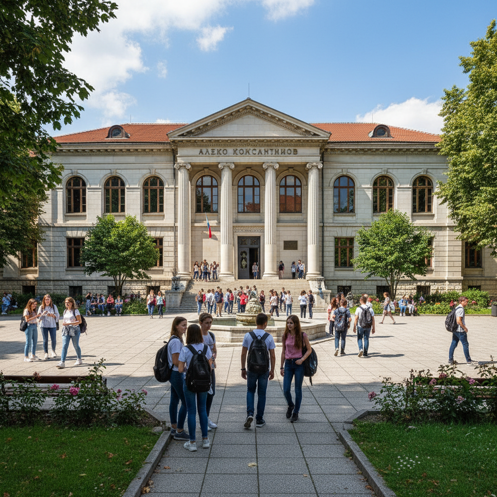 School building exterior with students walking in courtyard, bright day