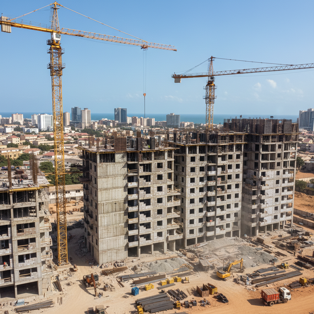 Vista aérea de obra comercial em andamento em Canoas com estrutura metálica e guindastes