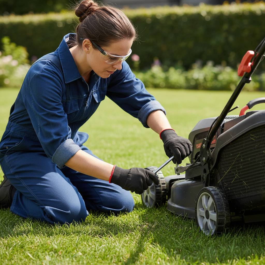 Priya Nair kneeling on a manicured lawn adjusting mower blade height with precision tools
