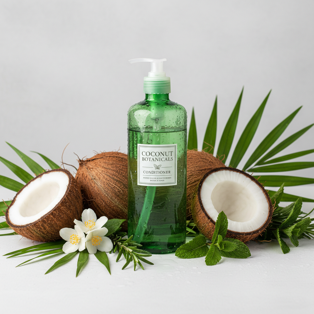 Green glass conditioner bottle with coconut and botanical ingredients arranged around it