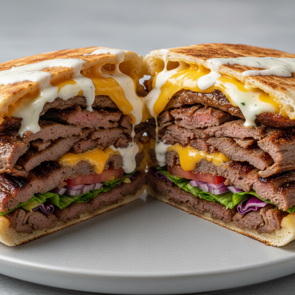 Kebab mare cu porție dublă de carne marinată, brânză topită și sos usturoi, tăiat pe jumătate
