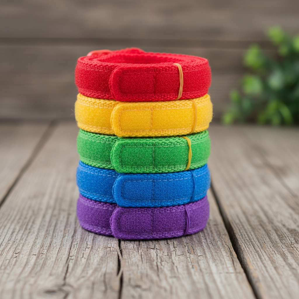 Rainbow colored puppy identification collars arranged in a neat stack on a wooden surface