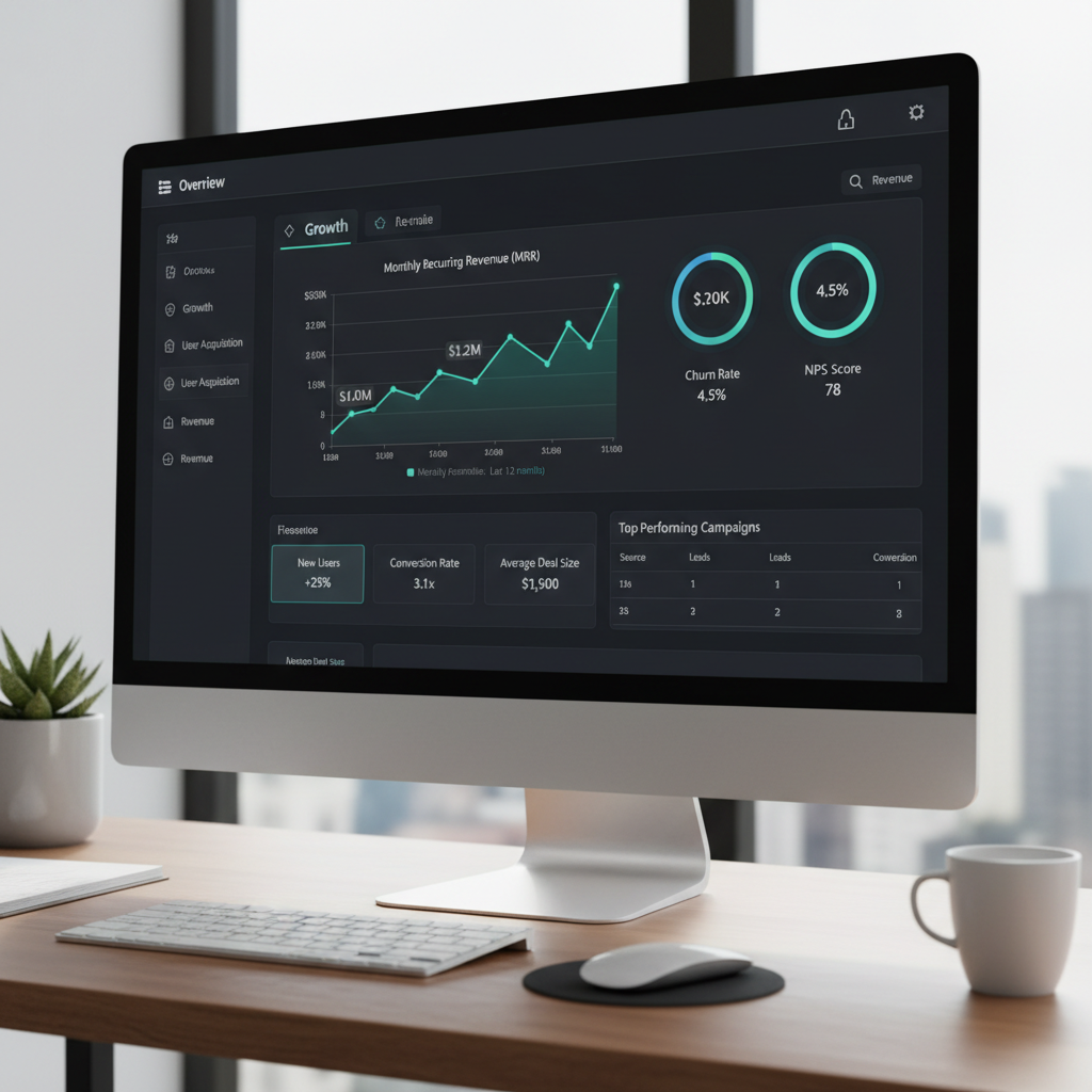 SaaS analytics dashboard on monitor showing user growth metrics, clean modern tech office