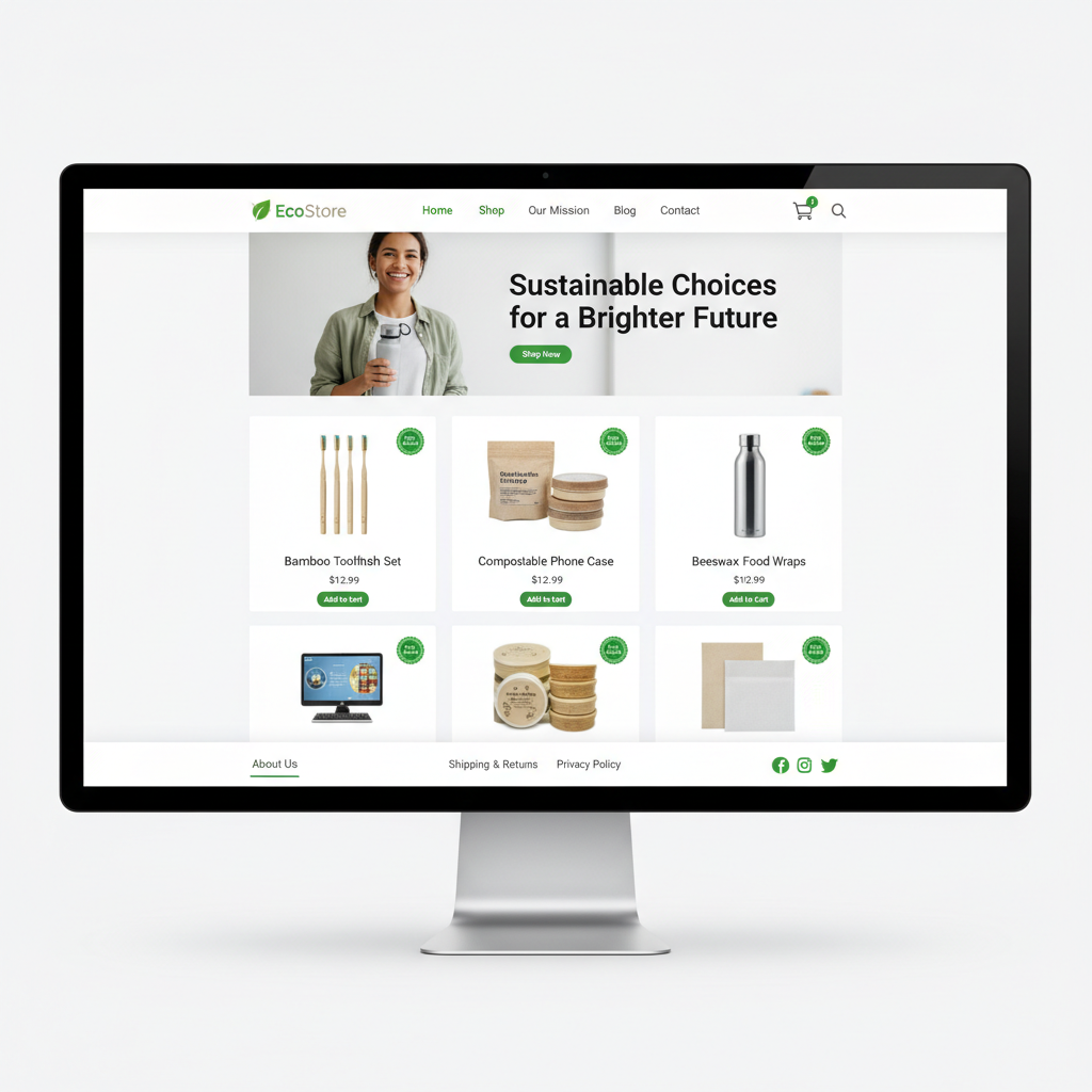 Sustainable fashion e-commerce website displayed on laptop with clean white product pages and elegant typography in bright natural light