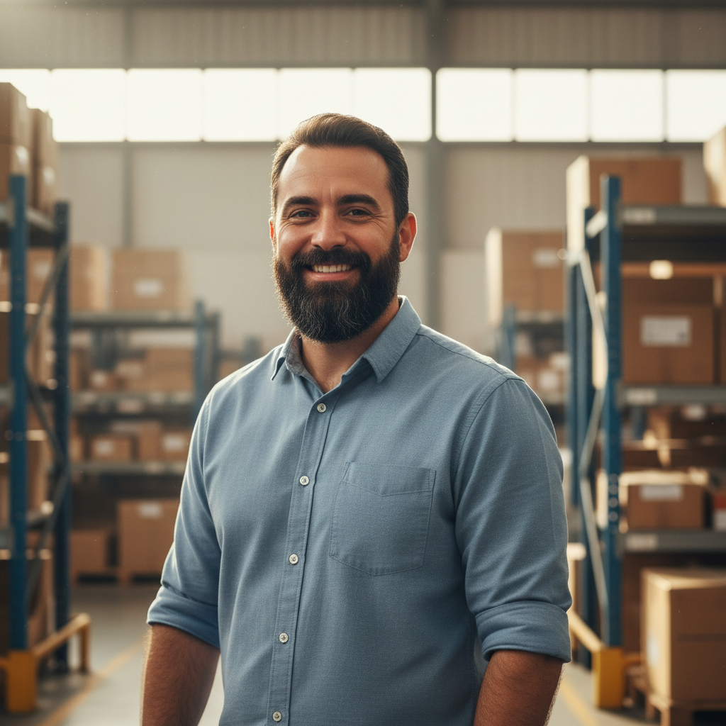 Man with beard in blue shirt standing in manufacturing facility with equipment