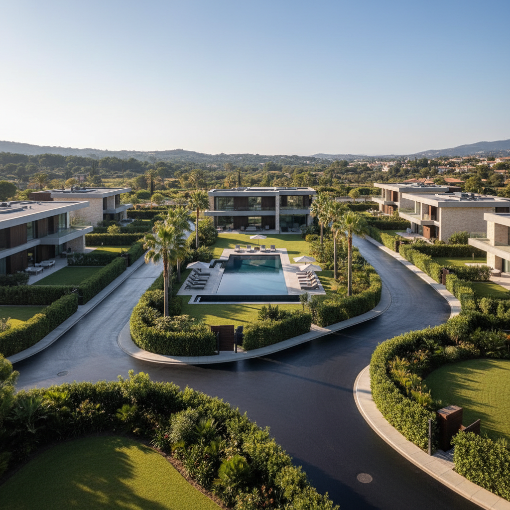 Aerial view of luxury residential estate, bright daylight, green surroundings, well-lit open environment