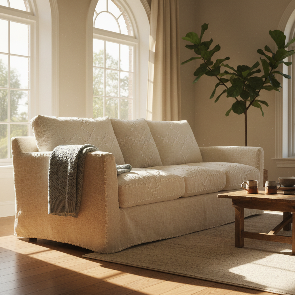 Cream fabric sofa set in bright living room with warm afternoon light
