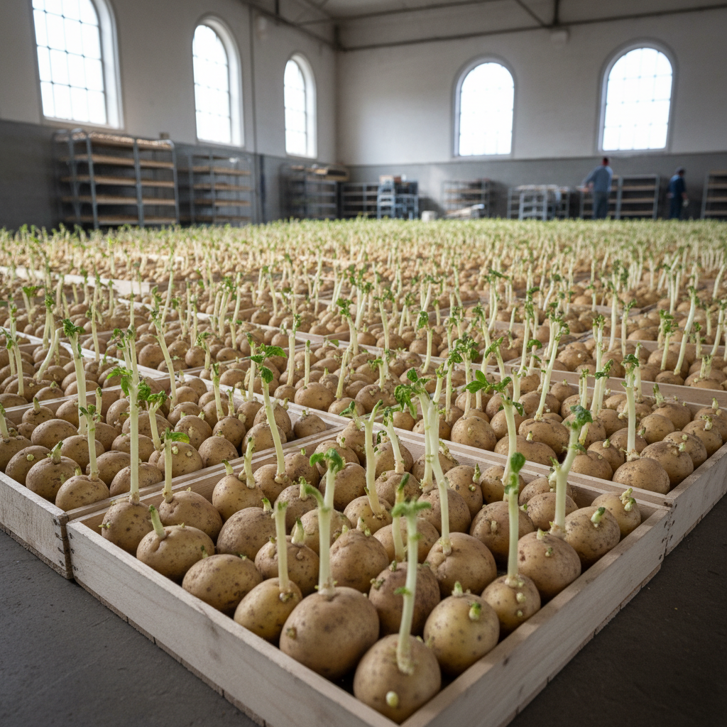 Seed potato trays lined up in a cool, light building showing chitting shoots emerging from pale tubers