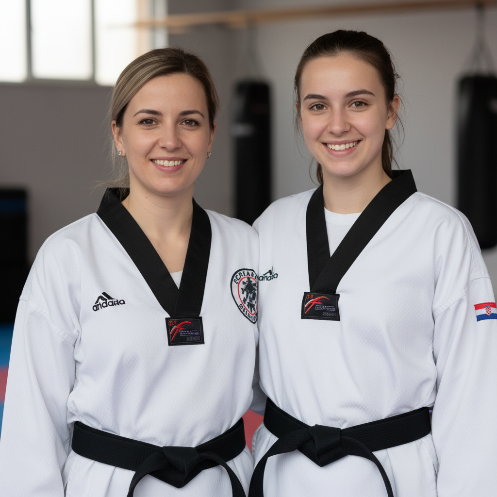 Croatian mother and daughter in white taekwondo uniforms smiling together after successful training session