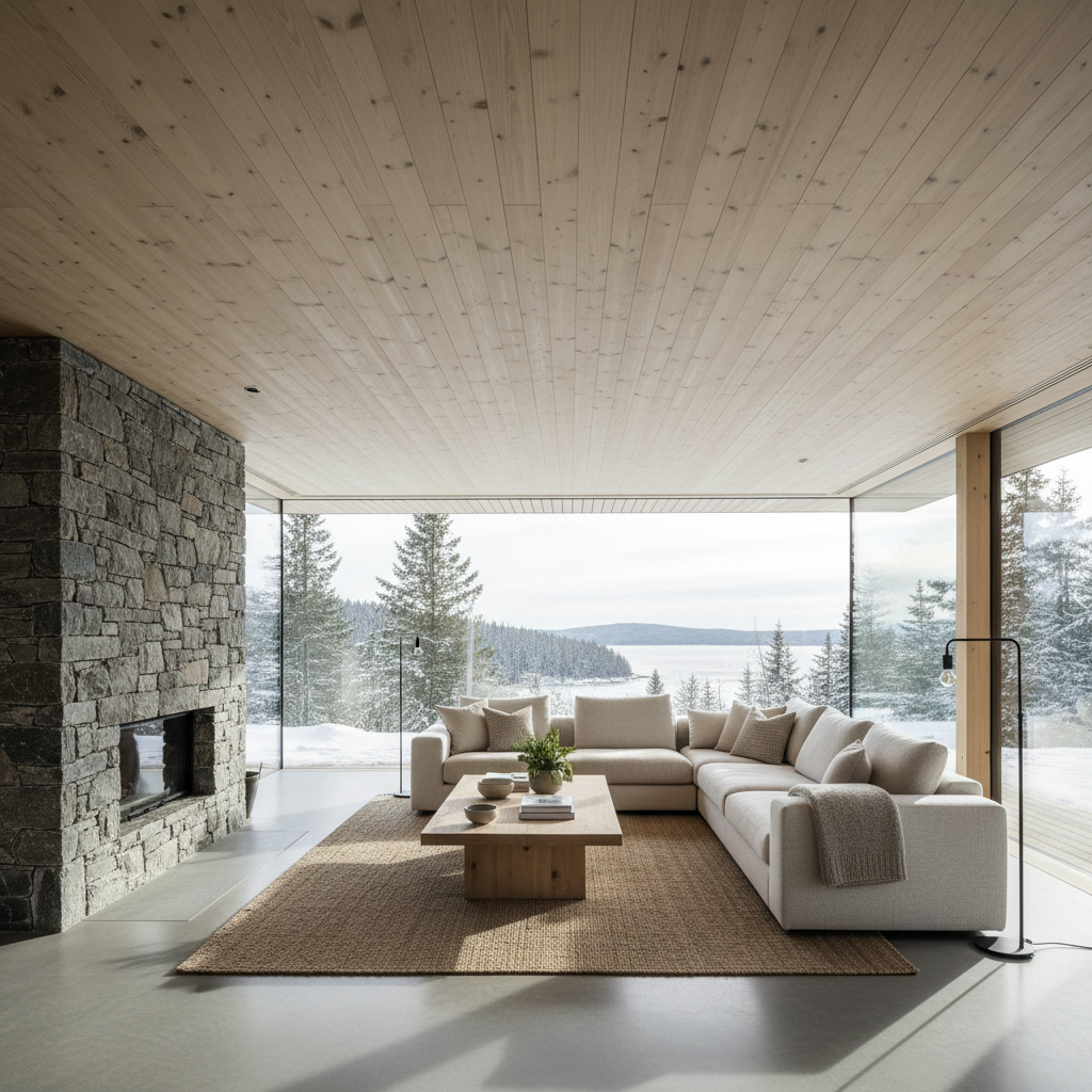 Expansive Scandinavian open-plan living room with birch ceiling, natural stone fireplace, and floor-to-ceiling glazing